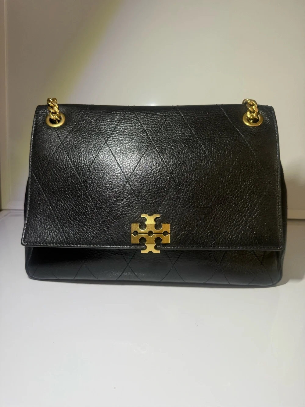 Tory Burch Black Quilted Leather Charlie Medium Shoulder Bag with Gold Hardware